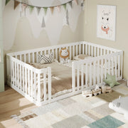 Letto per bambini 90 × 200 cm 1 posto con recinto di sicurezza, senza materasso, in legno di pino, bianco