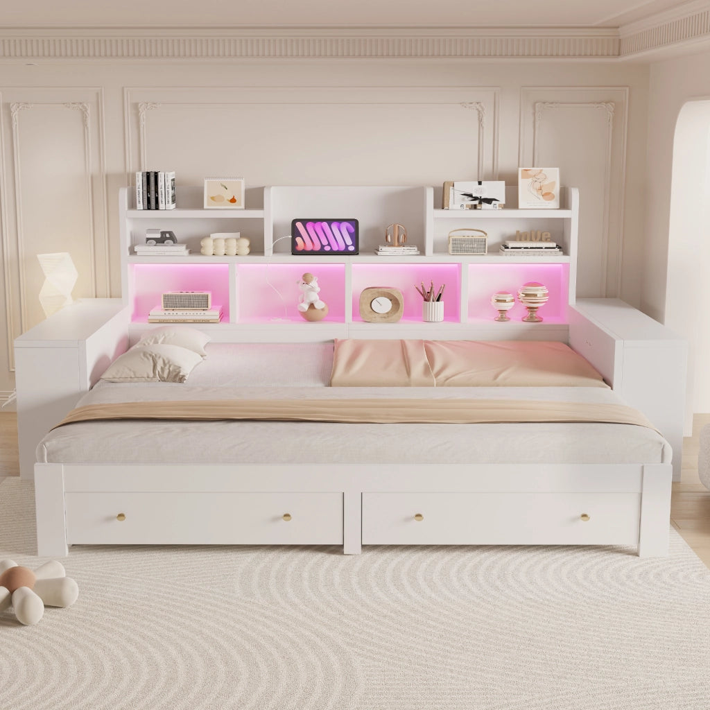 Divano letto estraibile 90x200 cm con letto 180x200; cassetti; ripiani; prese e LED; MDF bianco