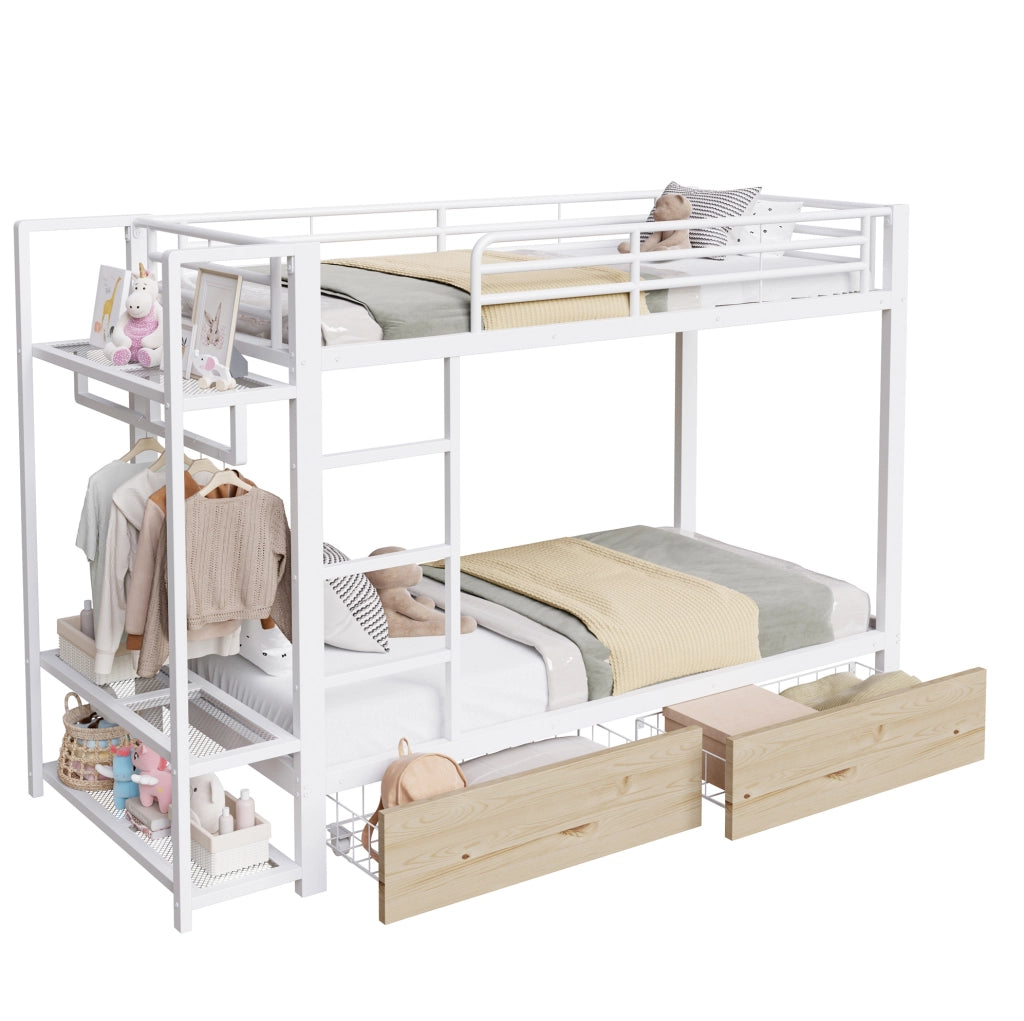 Letto a castello 90x200 cm con LED, cassetti e ripiani bianco
