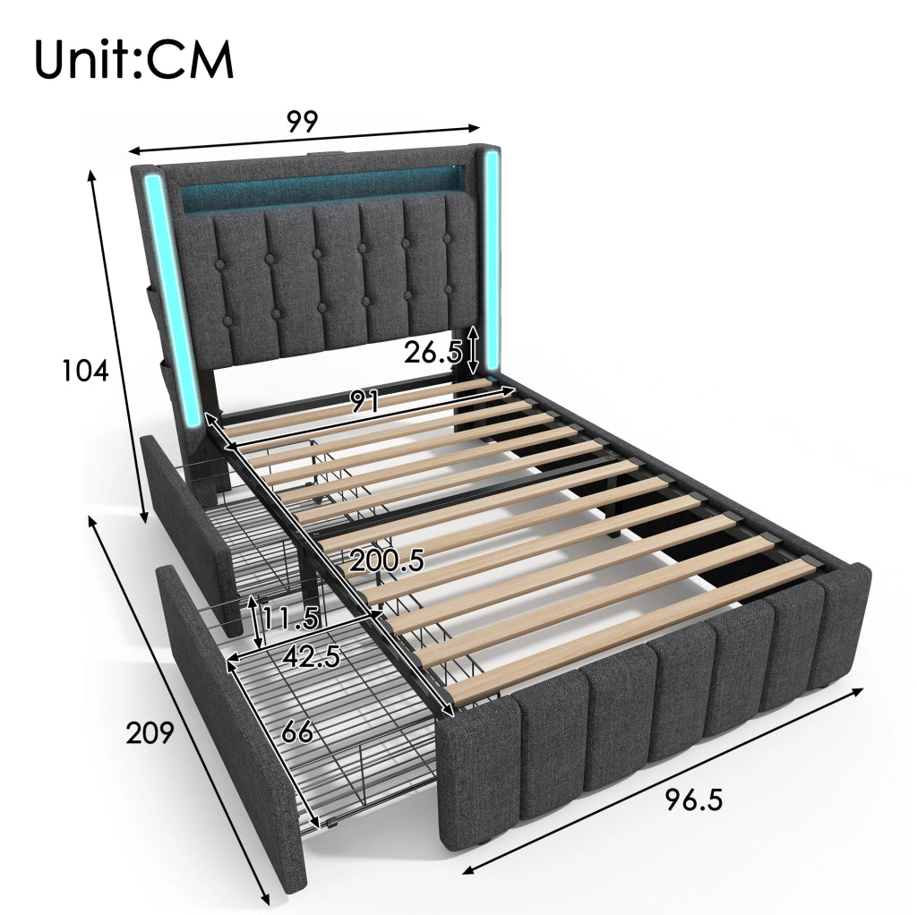 Letto singolo 90x200 cm con USB, Type-C, LED e 2 cassetti