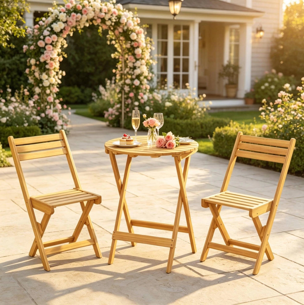 Set mobili da giardino in legno di acacia con tavolo pieghevole Ø 60 cm e 2 sedie