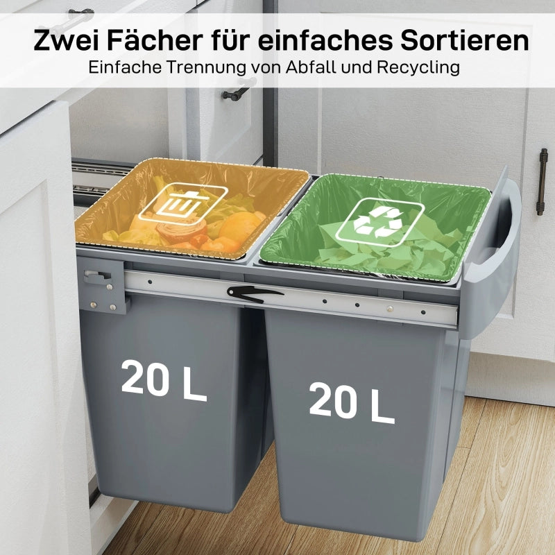 Pattumiera estraibile da incasso 2 scomparti da 20 l con telaio metallico grigia da sottopiano 52 × 33.5 × 41 cm