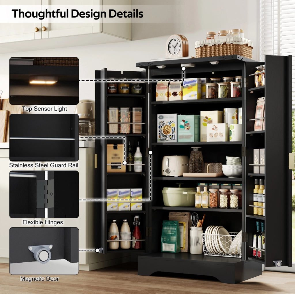Mobile da cucina nero con LED sensore, doppia anta, ripiani regolabili 120x60,5x40 cm