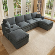 Divano angolare modulare a U/L da 6 posti con due pouf mobili contenitore, tessuto cotone-lino grigio, 277×80×135 cm