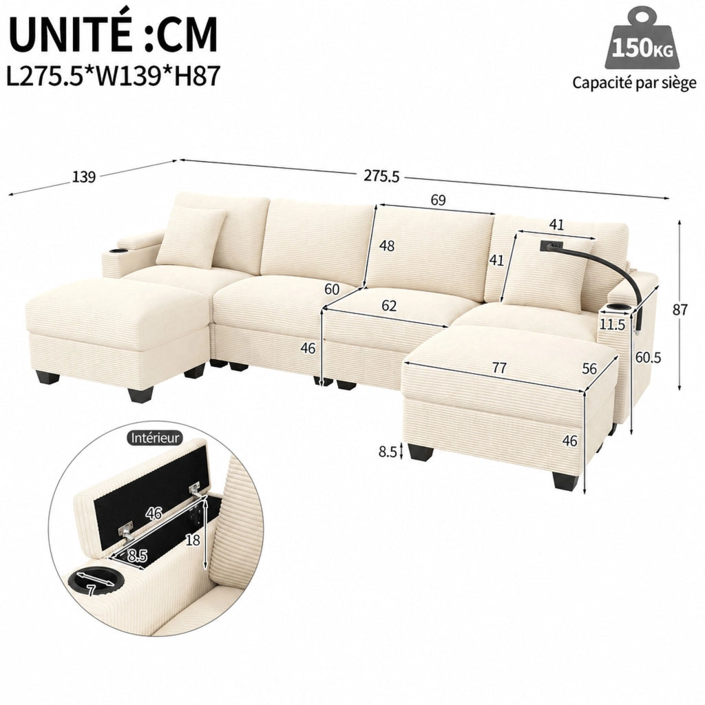 Divano modulare 5–6 posti con funzione letto porta cellulare girevole USB USB-C in velluto a coste beige