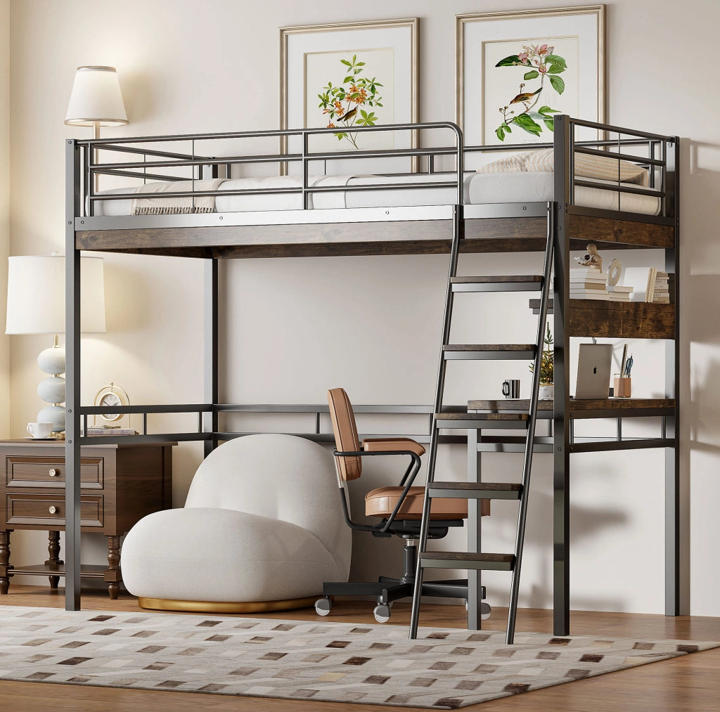Letto a soppalco 90x200 cm con scrivania e ripiani in metallo e MDF; nero