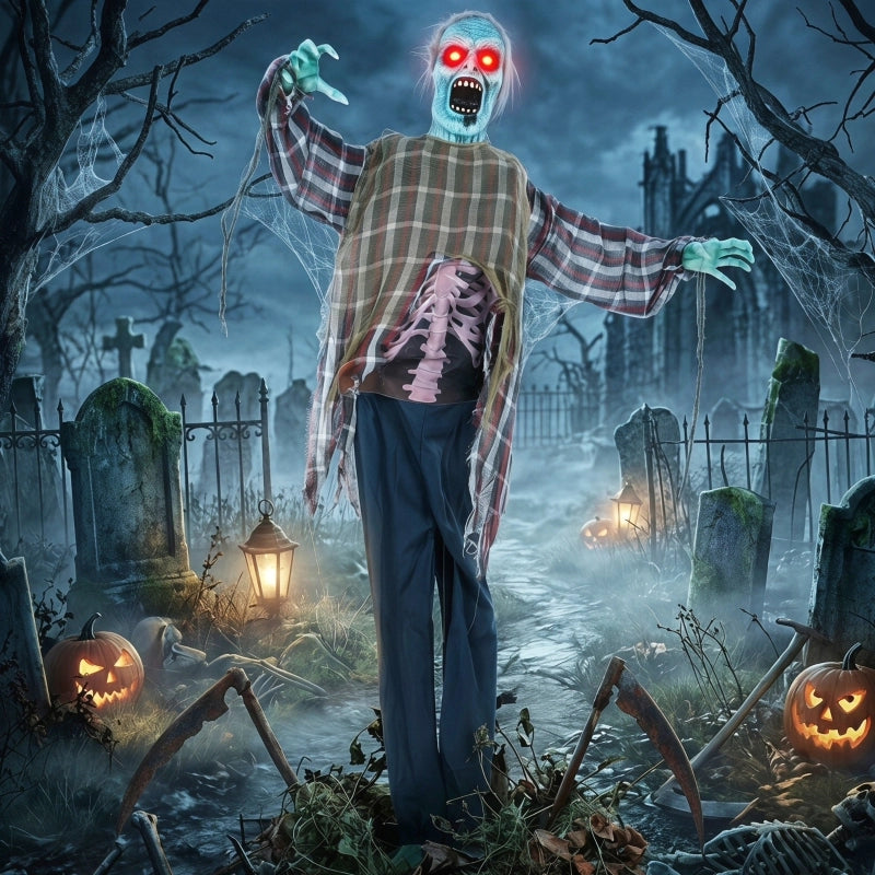 Zombie animato di Halloween alto 170 cm con occhi LED rossi suoni e attivazione tramite suono tatto o vibrazioni a batteria
