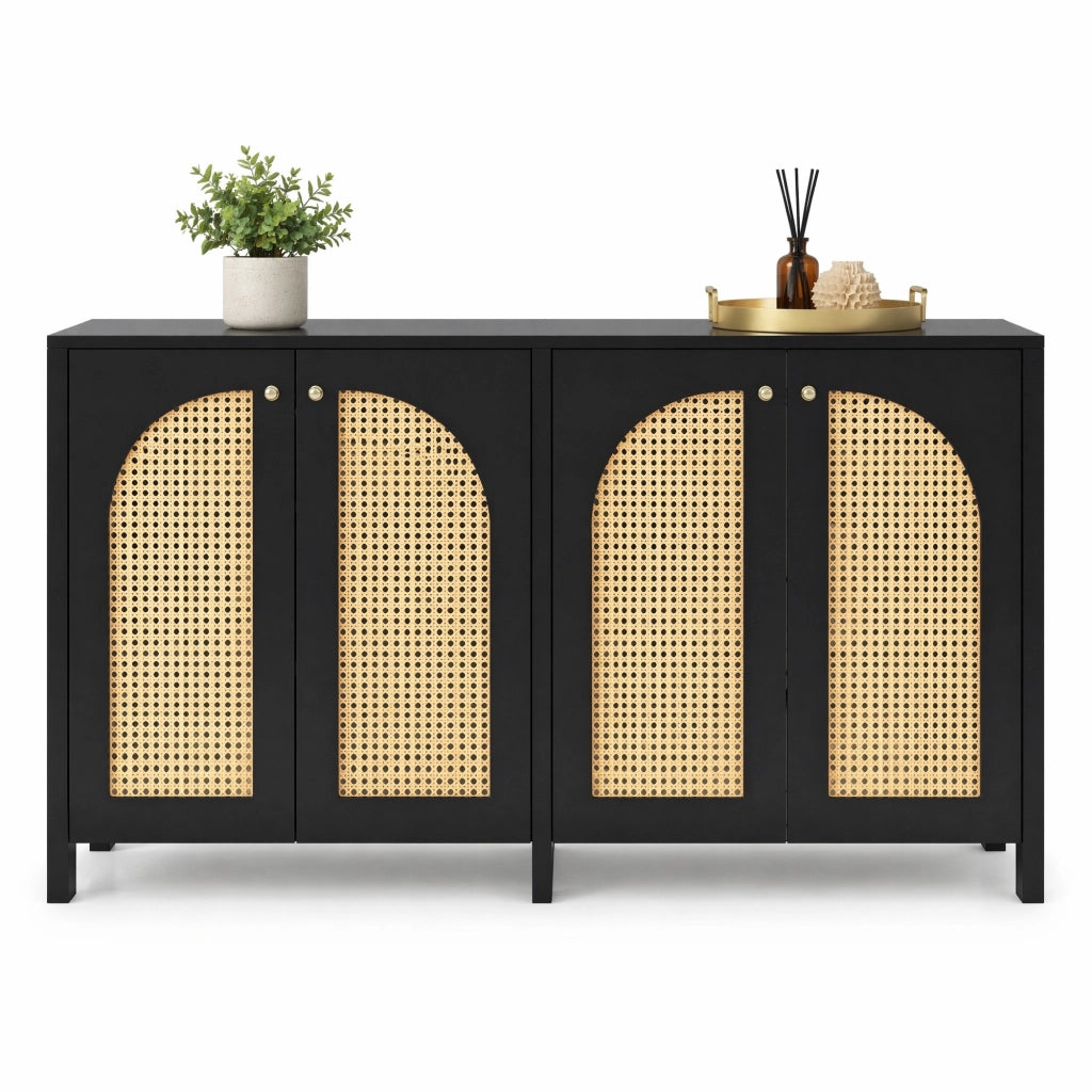 Credenza a 4 ante in rattan sintetico con ripiani regolabili; MDF e metallo; nera