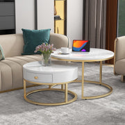 Tavolini bassi a incastro rotondi set di 2 in MDF bianco lucido effetto marmo con struttura in metallo dorata
