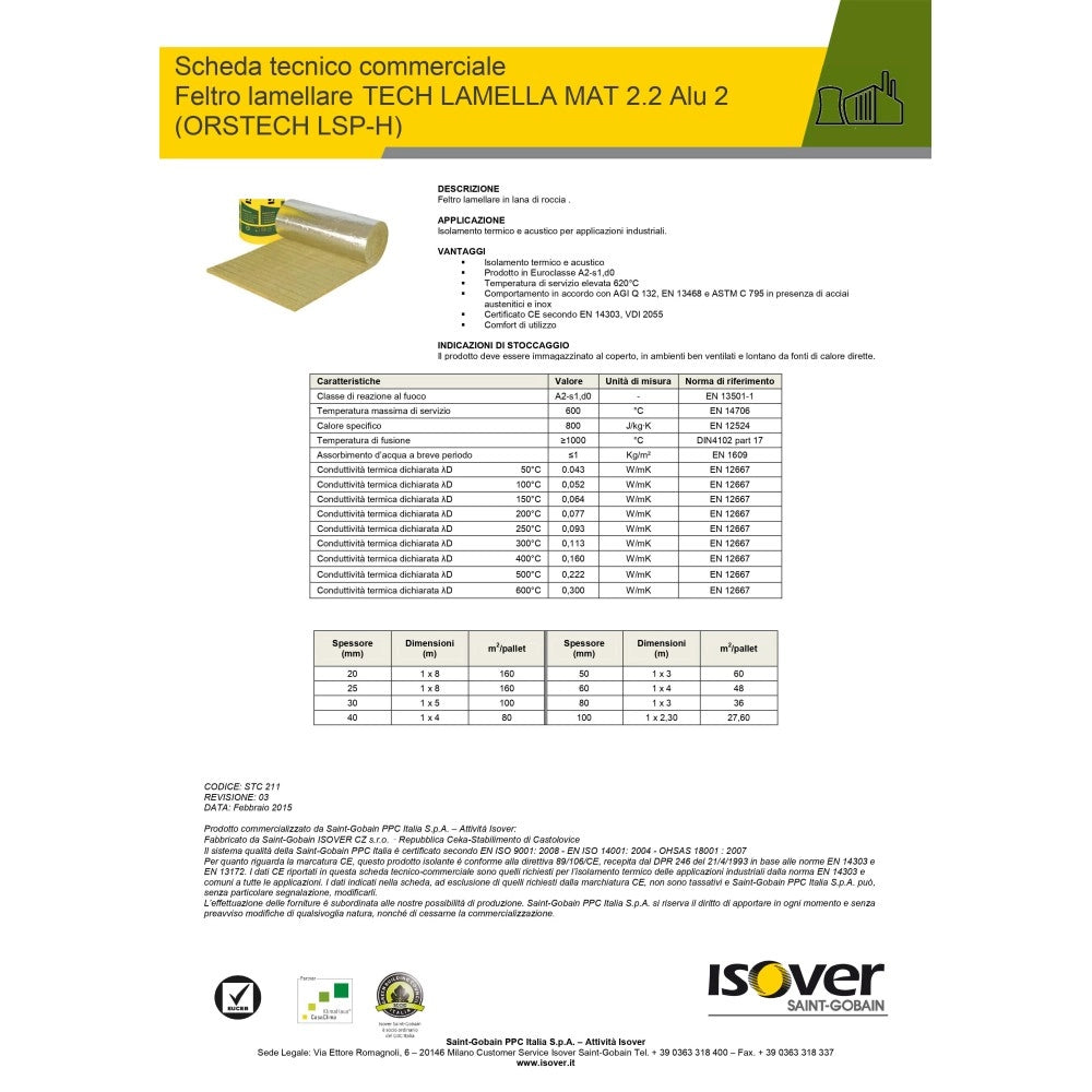 Isover 1mq (1x1mt) lana di roccia feltro da 3cm rivestito di alluminio per isolamento termico