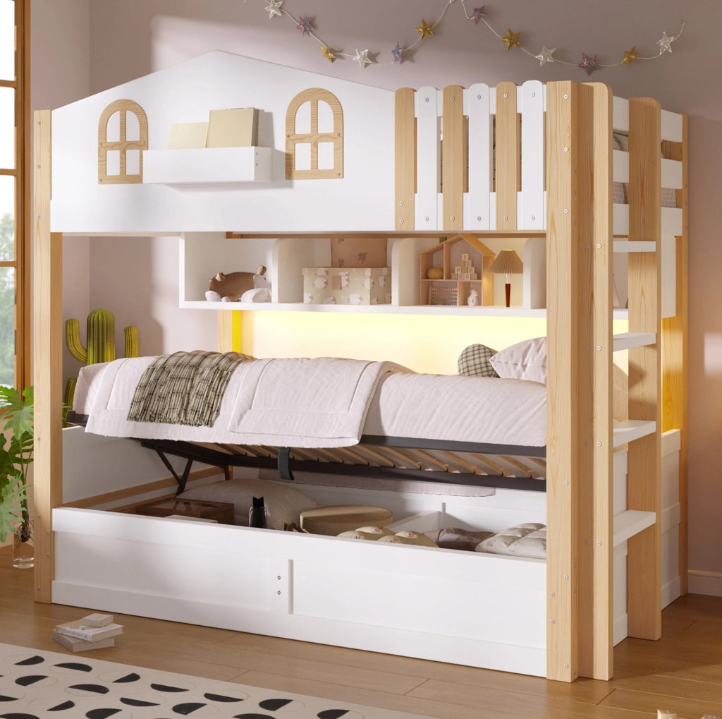 Letto a castello a casetta 90x200 cm con contenitore idraulico e LED