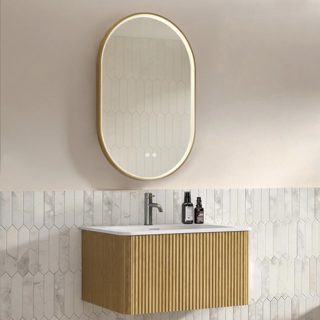 Mobile da bagno con lavabo integrato e specchio LED - per bagno - in MDF - rovere