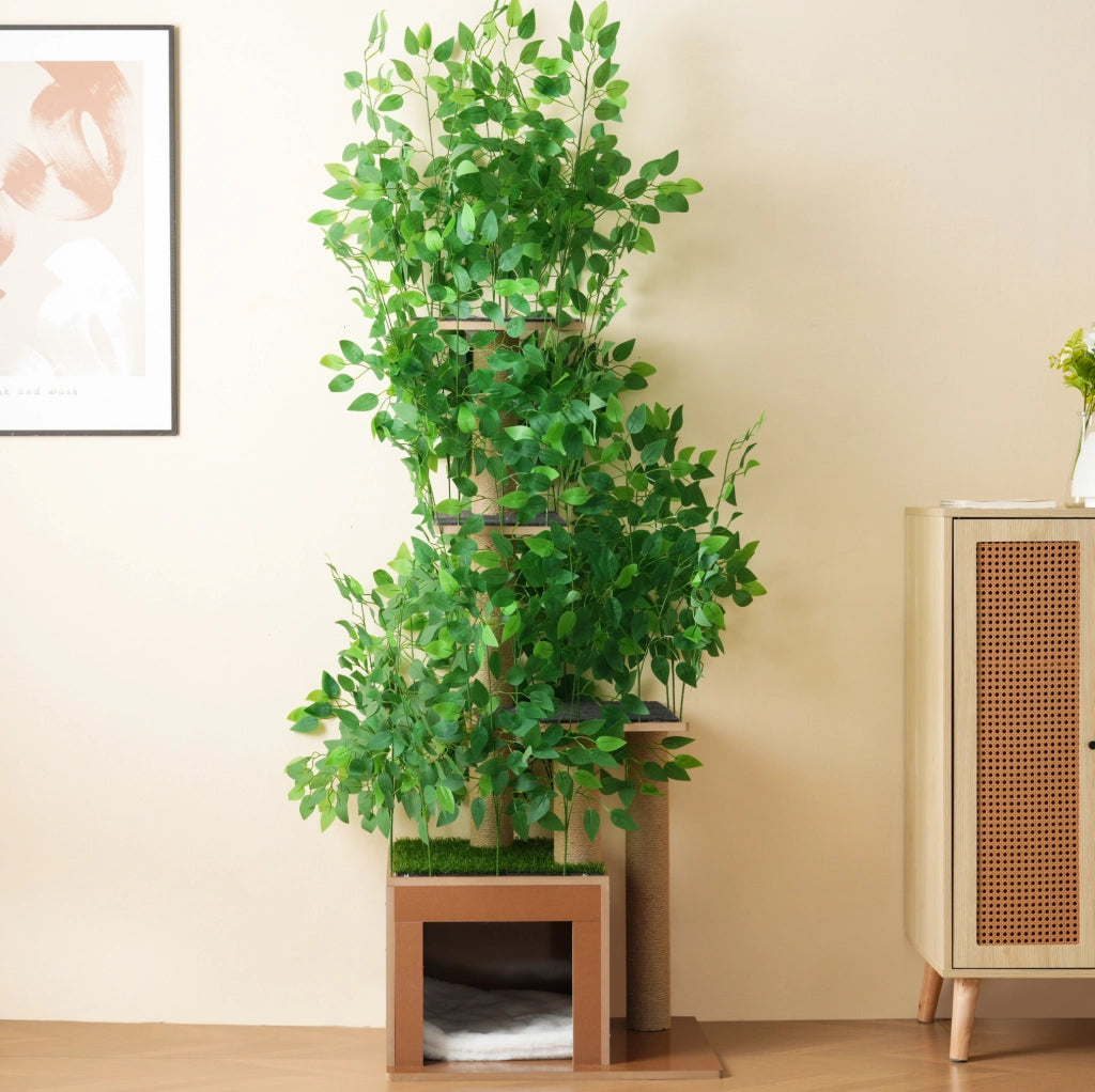 Tiragraffi ad albero 60x45x190 cm con 4 piattaforme e cuccia in MDF verde