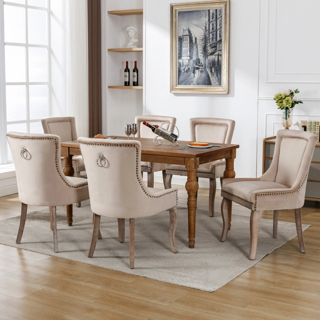 Sedia da Pranzo Imbottita con Gambe in Legno Massello e Velluto ¨C Xylo ¨C Beige, Set 6 Pezzi
