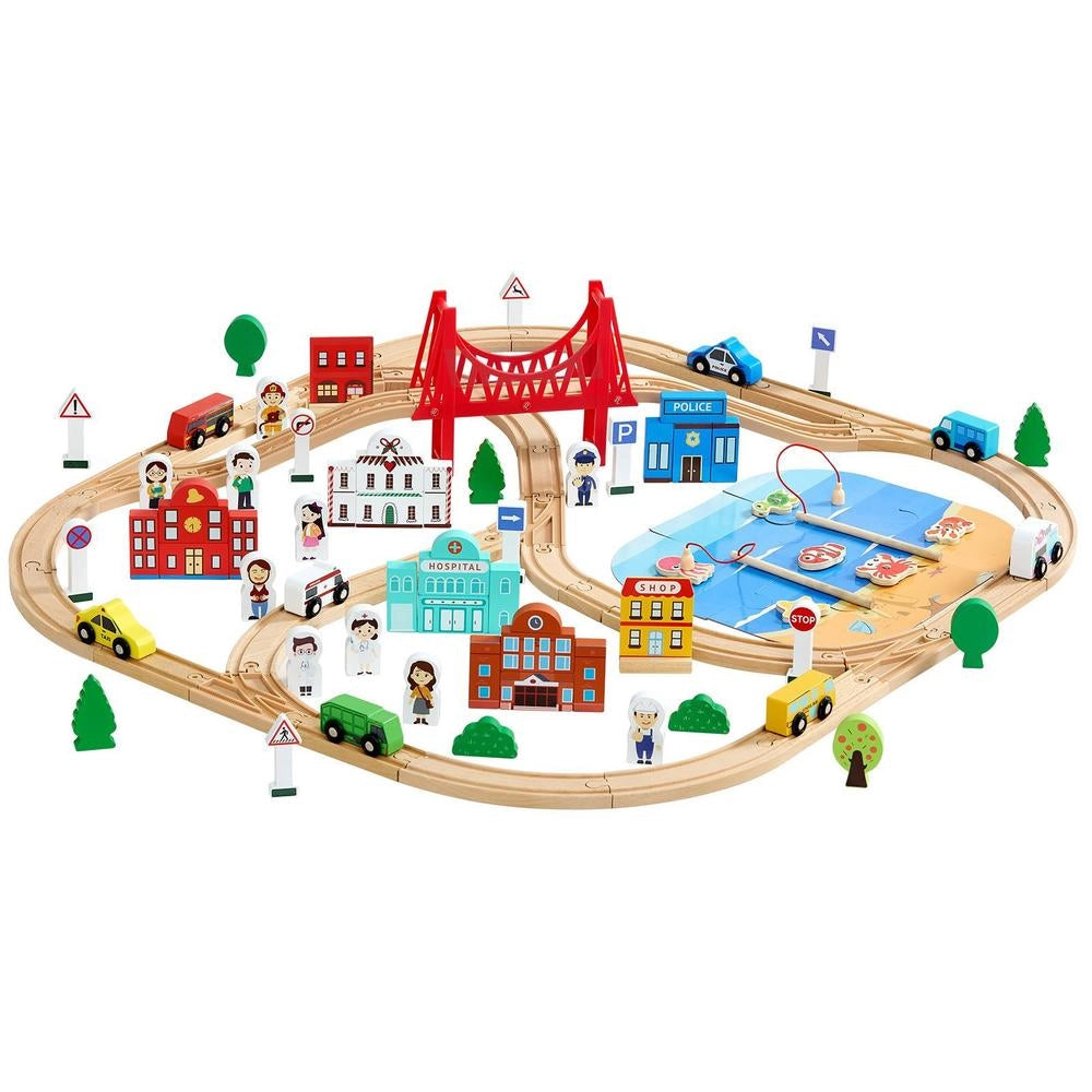 Ferrovia Ponte Tunnel 113 Pezzi Trenino Bambini 3-8 Anni Binari Legno Contenitore Compatibile Marche