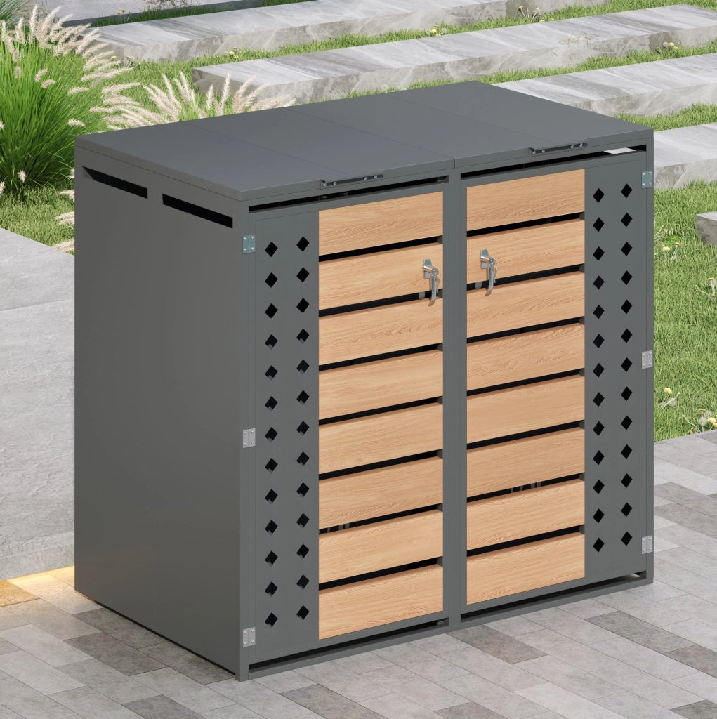 Contenitore per rifiuti con doppia anta e coperchio a ribalta idraulico, in acciaio zincato con finitura effetto legno, ventilazione a rombi, chiudibile a chiave