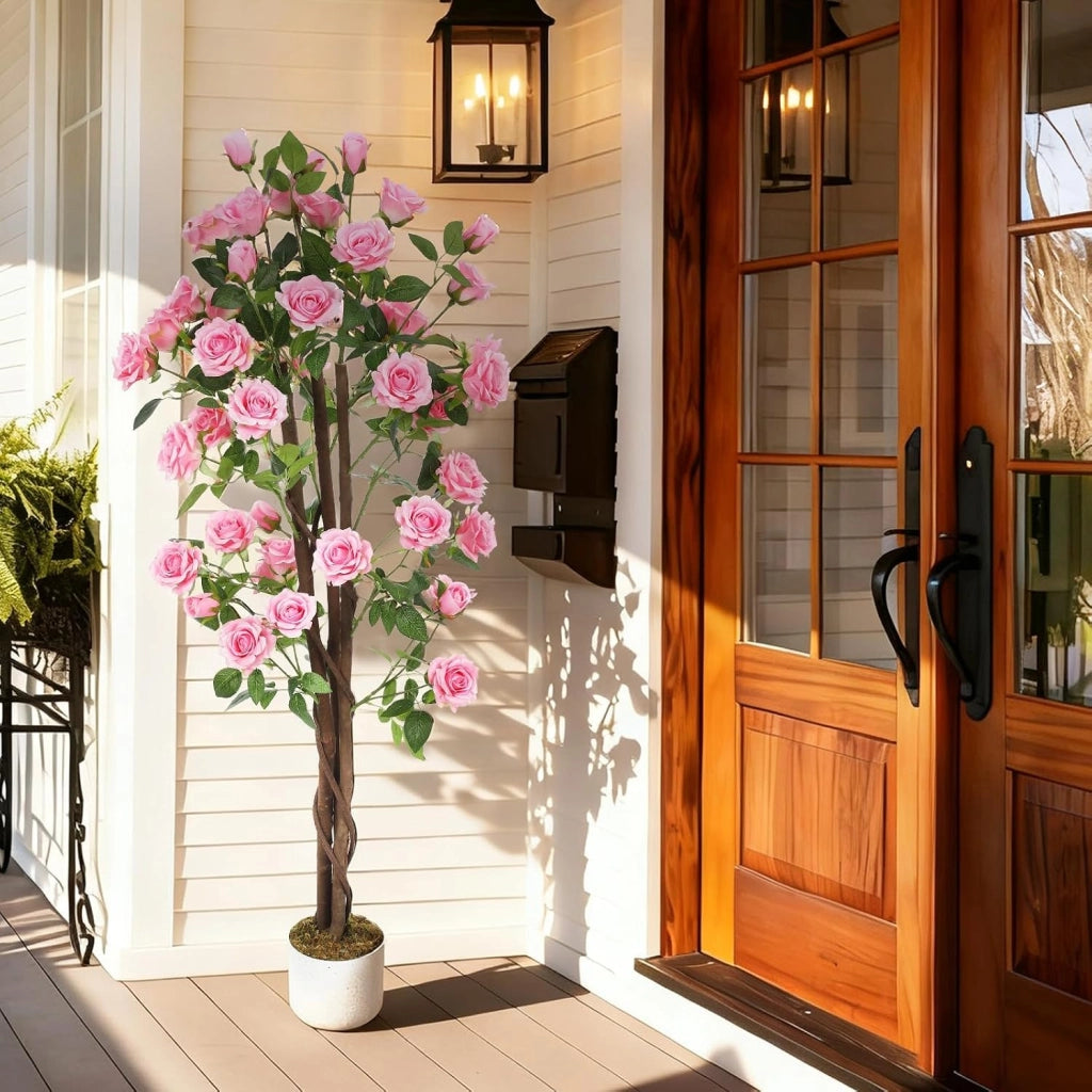 Albero di Rose Artificiali 150 cm con Tronco in Legno e Vaso per Casa e Giardino