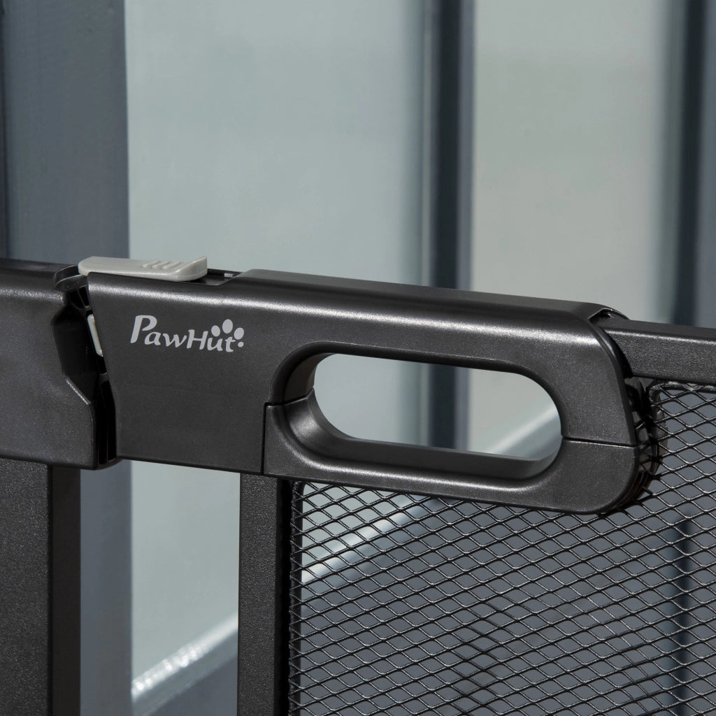 Cancelletto di sicurezza per cani in acciaio nero larghezza regolabile 75-103 cm con chiusura automatica bidirezionale