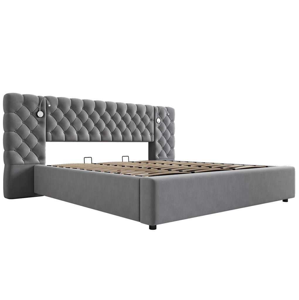 Letto 180x200 cm con contenitore idraulico, LED e rivestimento in velluto grigio