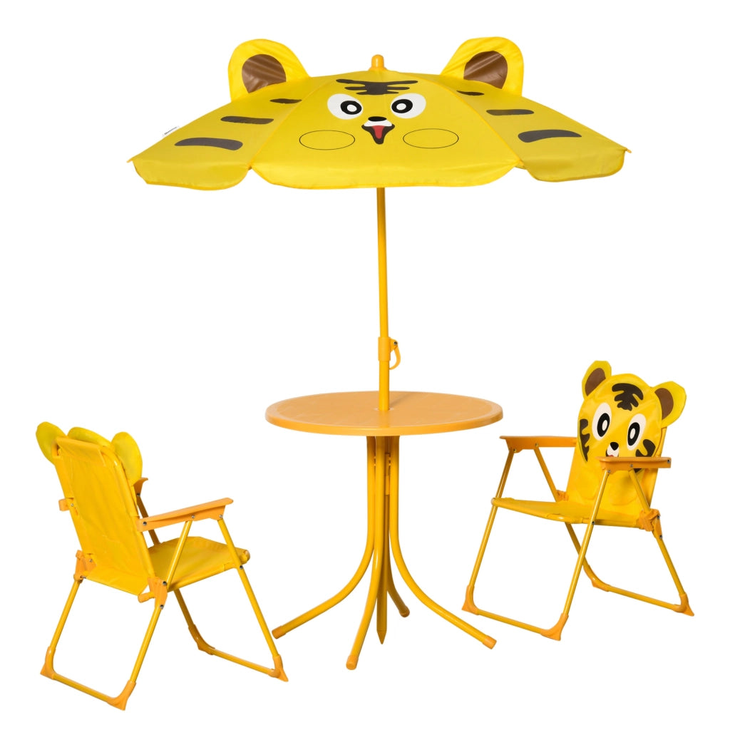 Set da Esterno per Bambini 4 pz con 2 Sedie, Ombrellone e Tavolo Rotondo, in Acciaio e Tessuto Oxford Giallo