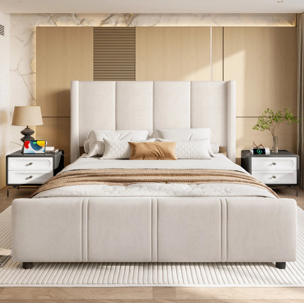Letto imbottito 140 x 200 cm beige con testiera alta e porte USB/Type-C