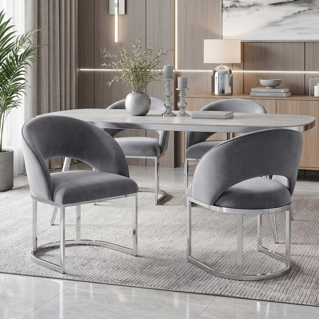 Set di 6 sedie da pranzo in velluto grigio con gambe metalliche color argento