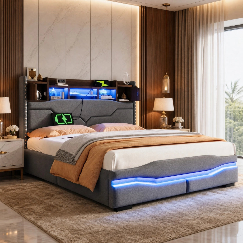 Letto contenitore 140 × 200 cm con sollevamento idraulico; LED controllabili tramite app e porte USB Type-C