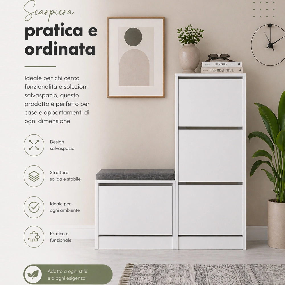 Scarpiera Salvaspazio 3 Ante Mobile Portascarpe 105x118,5 cm Multiuso Bianco