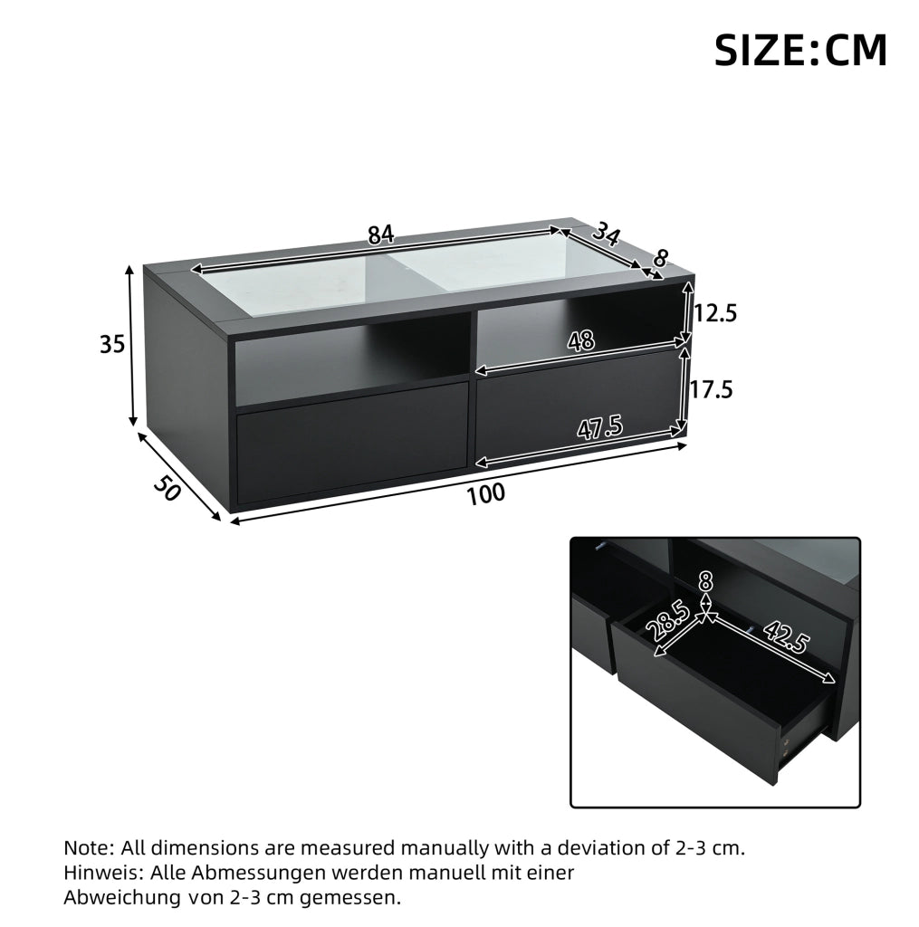 Tavolino da caff¨¨ 100x50x35 cm con LED, vetro temperato e 2 cassetti nero