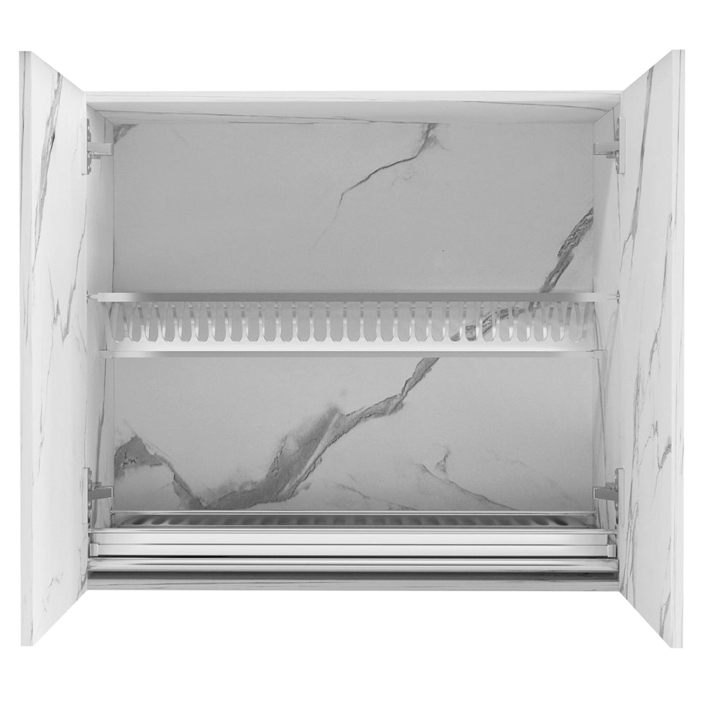 Pensile da Cucina Scolapiatti Sistema Raccogli Gocce 2 Ante Bianco Effetto Marmo