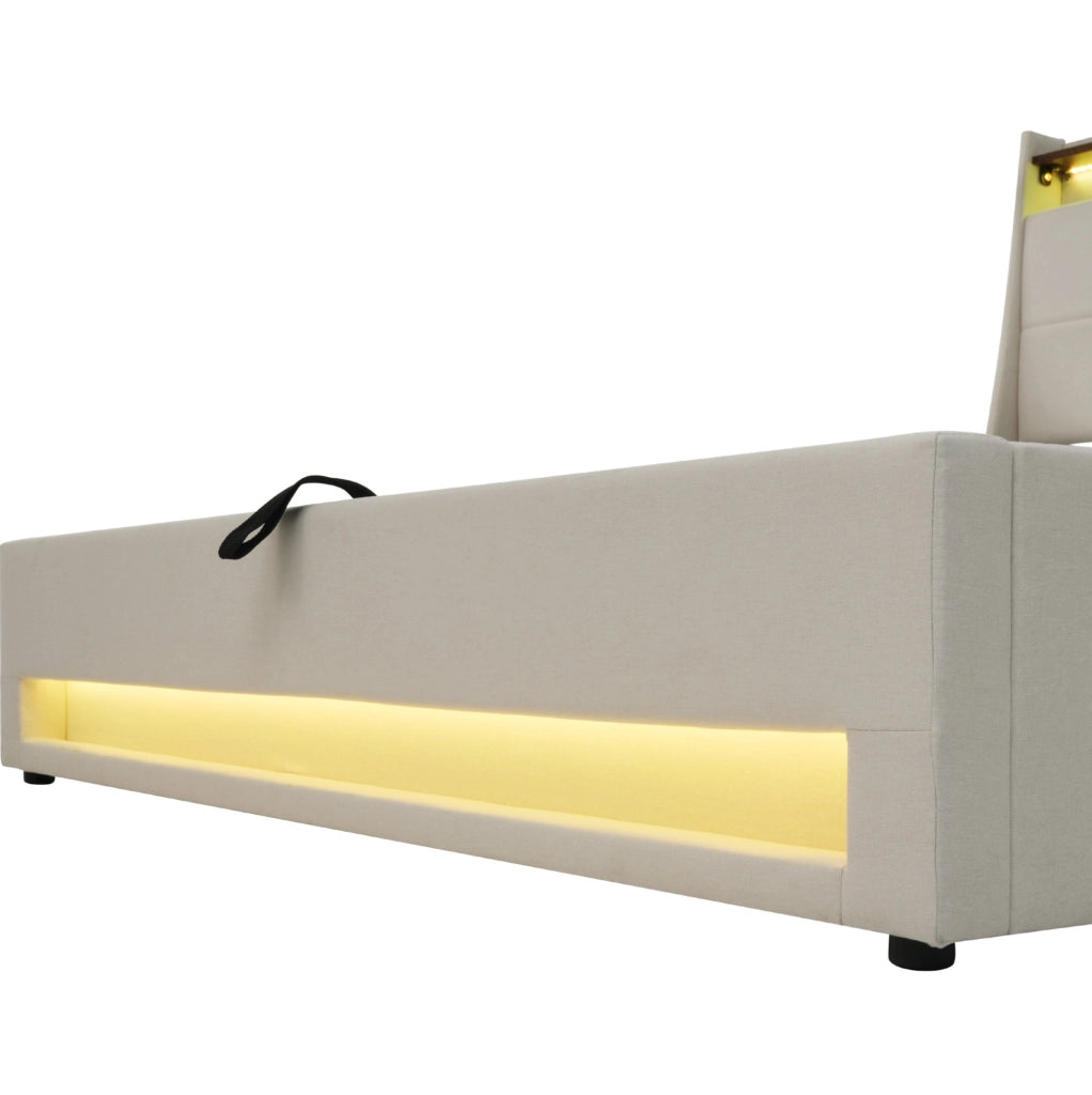 Letto imbottito beige chiaro 140 x 200 cm con LED, USB e contenitore
