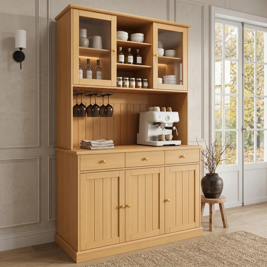 Credenza Alta da Pranzo 120x40x191 cm, Colore Naturale, Ante in Vetro, Portabicchieri, Ampio Spazio, Presa Integrata con USB-C e USB-A