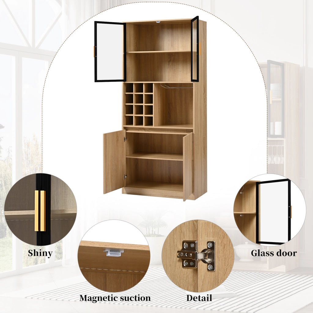 Armadietto da bagno con ante in vetro; luce LED a 3 colori e portabicchieri removibile in MDF naturale