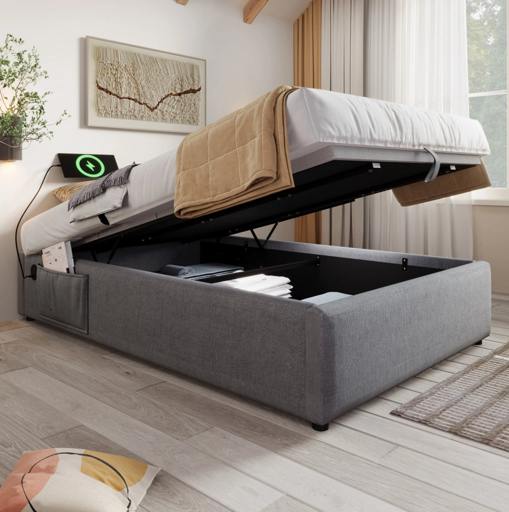 Letto contenitore 90 x 200 cm grigio con USB e Type-C