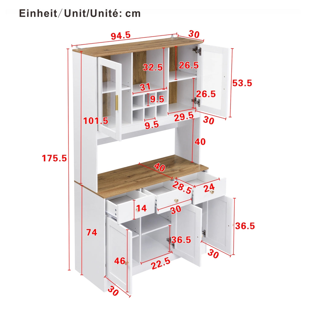 Credenza alta con 5 ante 3 cassetti e vani aperti in MDF bianco effetto legno 94.5 × 30 × 175.5 cm
