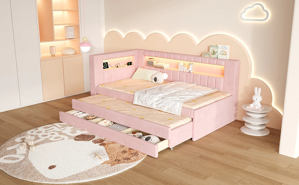 Letto singolo imbottito 90 × 200 cm con letto estraibile tre cassetti USB LED MDF e compensato rosa