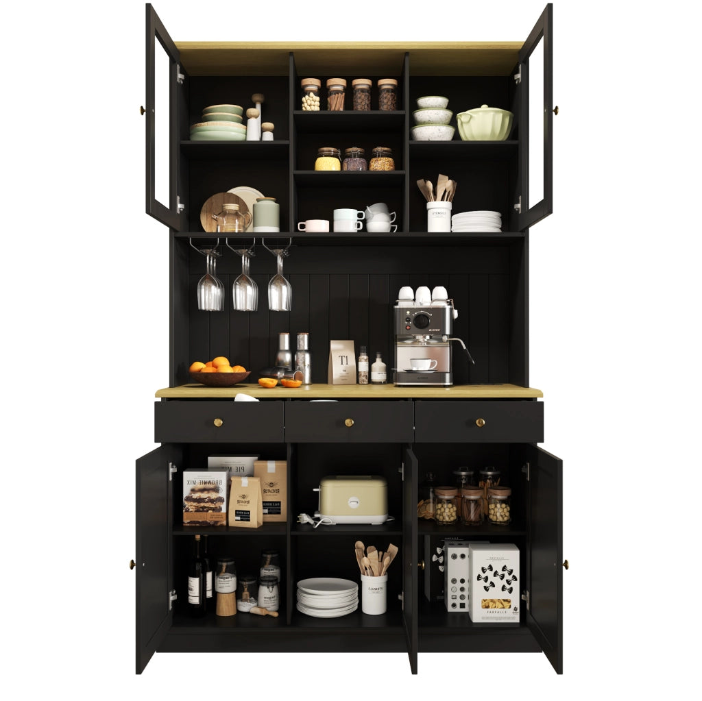 Credenza alta 120x40x191 cm nera – ante vetrate, prese integrate e vani