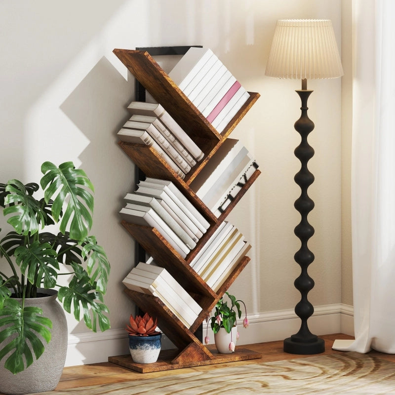 Libreria ad albero stretta con 7 ripiani in legno e struttura in acciaio marrone rustico 50 × 24 × 109 cm