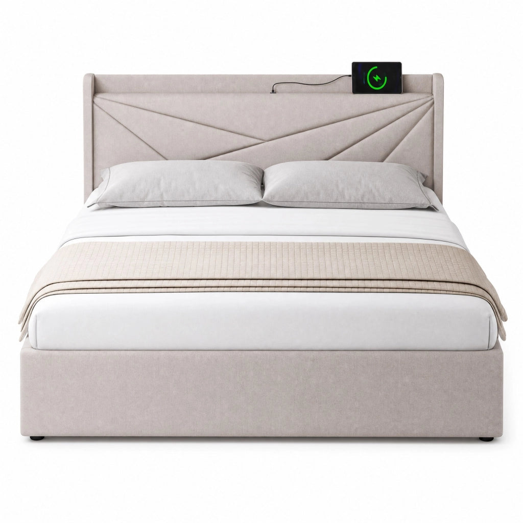 Letto matrimoniale 180x200 cm in lino beige con contenitore integrato