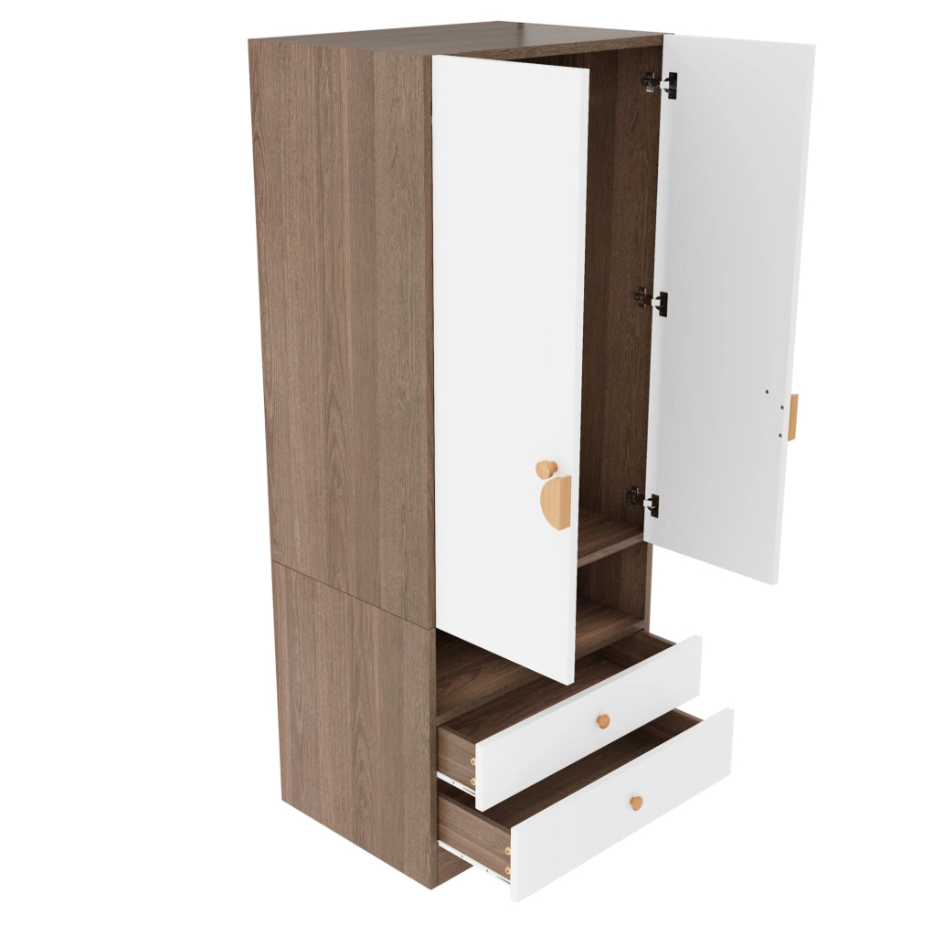 Armadio Singolo 70x50x170 cm con 2 Cassetti, Maniglie Cartoon e Piccole Mensole, Colore Legno
