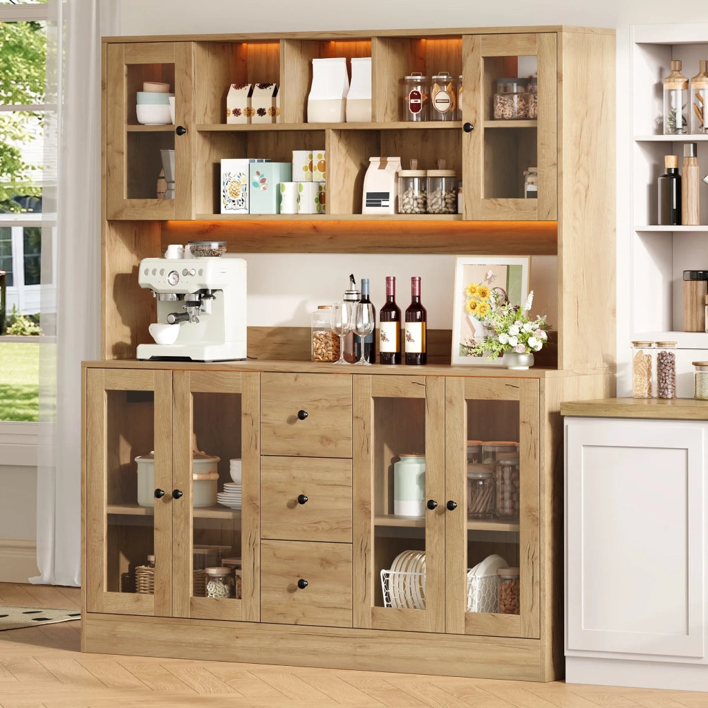 Armadio da cucina alto 150x40x173 cm, dispensa con 6 ante in acrilico, 3 cassetti, illuminazione LED e prese, per soggiorno e sala da pranzo