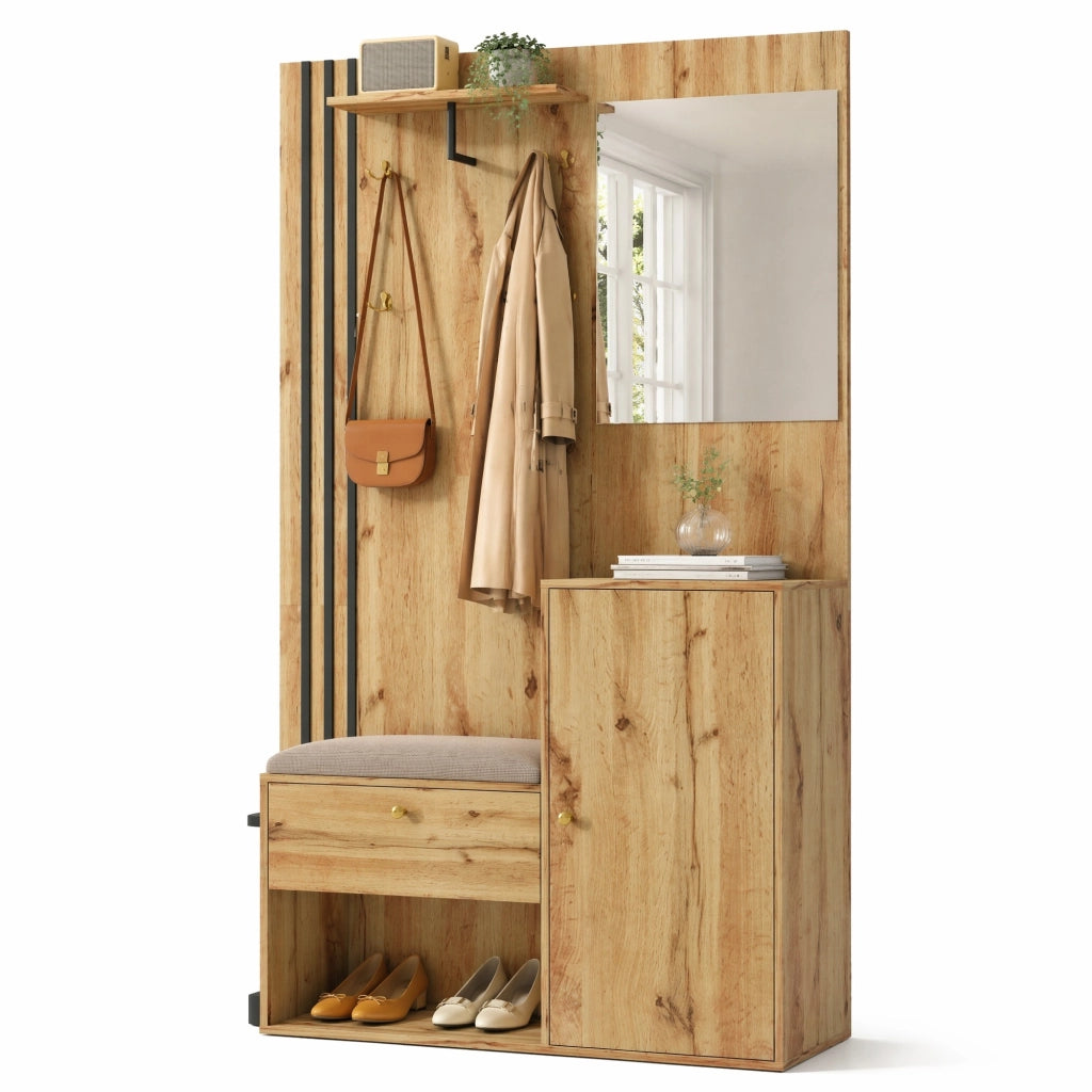 Guardaroba da ingresso MDF con specchio, seduta e portaombrelli