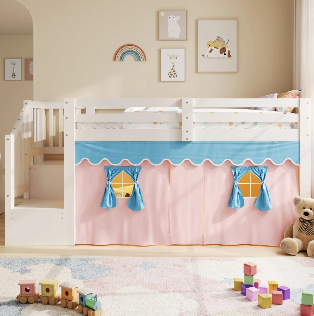 Letto semi-alto 90x200 cm bianco in pino e MDF con tenda oscurante; LED e mobile scala HOMVRA