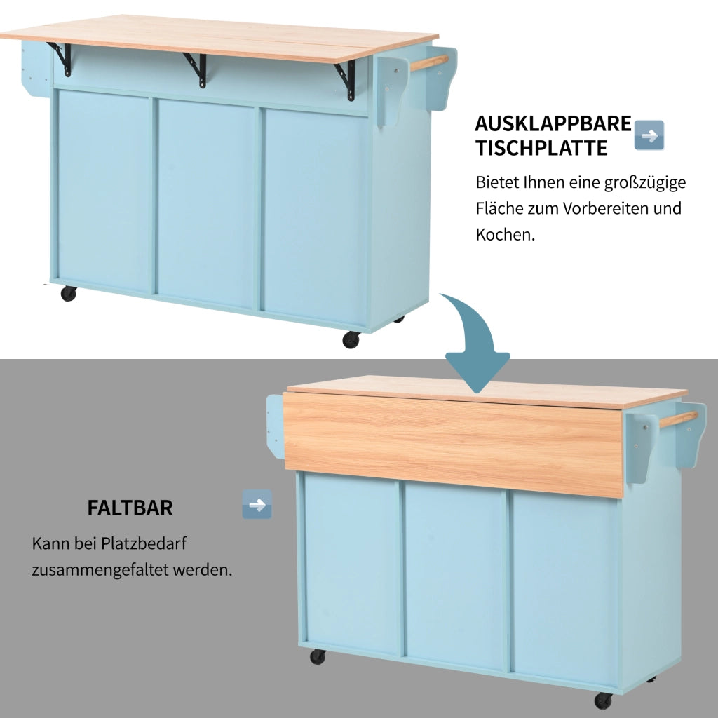 Carrello da cucina con piano pieghevole; 3 cassetti e ripiani regolabili; MDF blu 139 × 46(71) × 91.5 cm