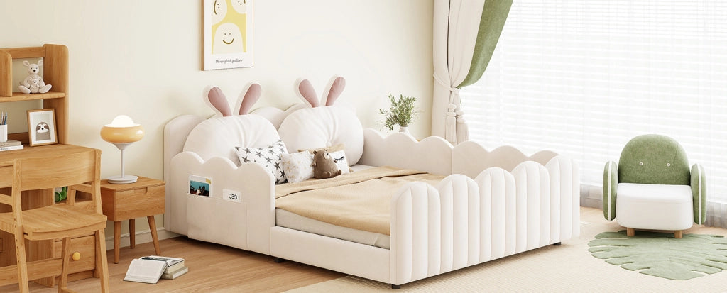 Letto Piattaforma Imbottito 140x200 cm con Cuscino con Orecchie di Coniglio, Beige