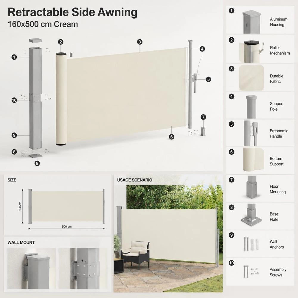 Extendable Side Awning 160x500 Cm Cream