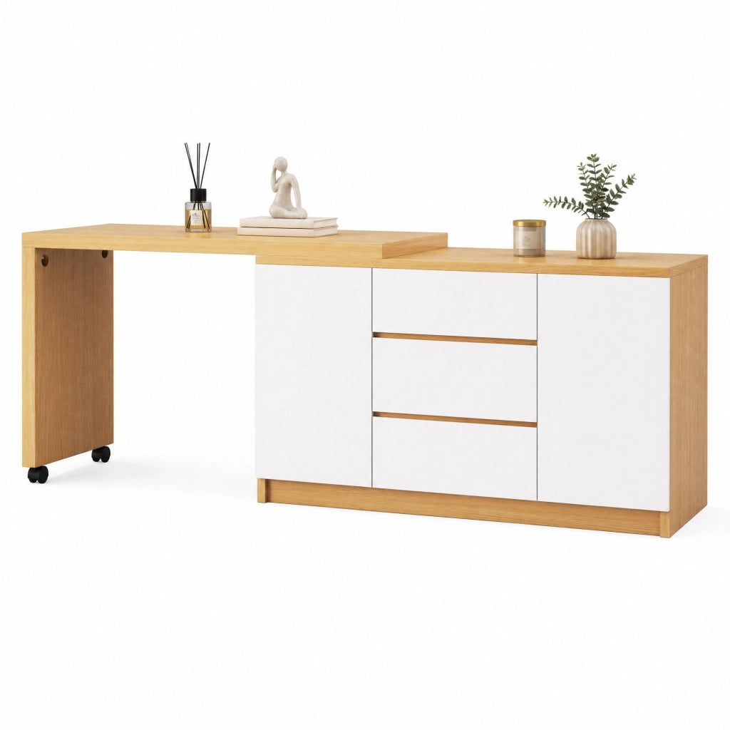 Scrivania girevole 360° 120x50x76;5 cm con 3 cassetti e 2 ante in truciolare bianco e rovere