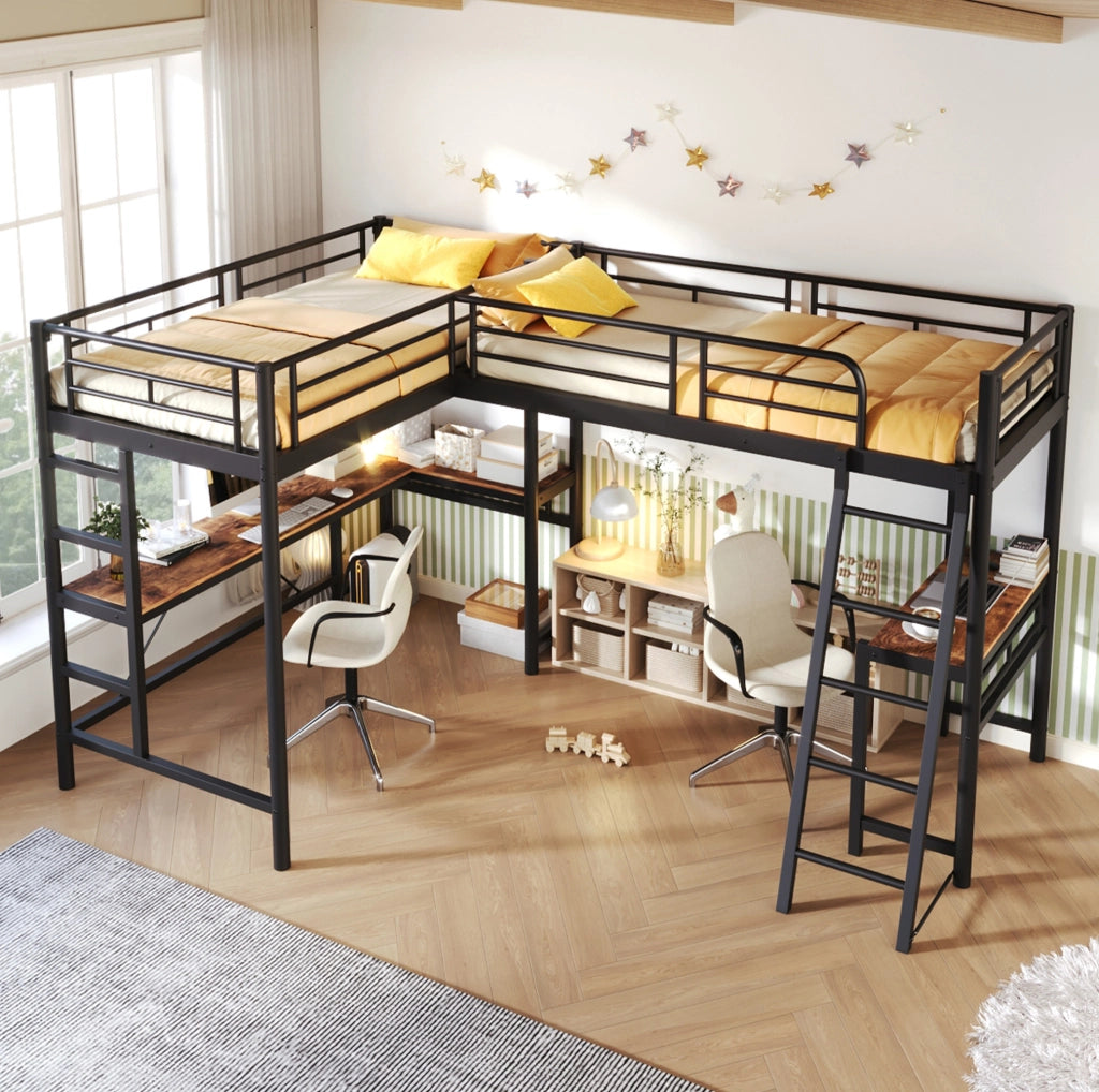 Letto a soppalco 90 x 200 cm con scrivania; scala doppia e parapetto alto; ferro e MDF; nero