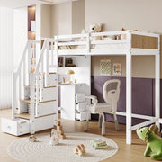Letto a Soppalco 90x200 cm con Scrivania, Cassetti, Libreria e Scala Contenitore, Bianco E Naturale