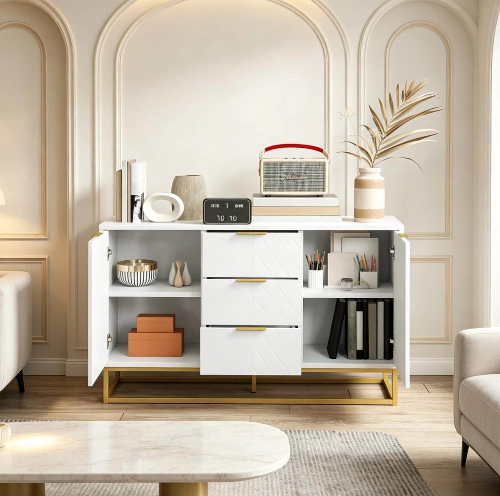 Credenza 120x40x76 cm bianca e oro in MDF e metallo， con cassetti e ante